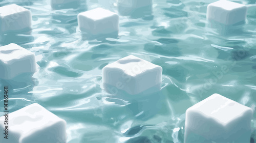 High-resolution digital rendering depicting numerous pristine white cubic forms seemingly floating on a surface of translucent, aqua-toned water