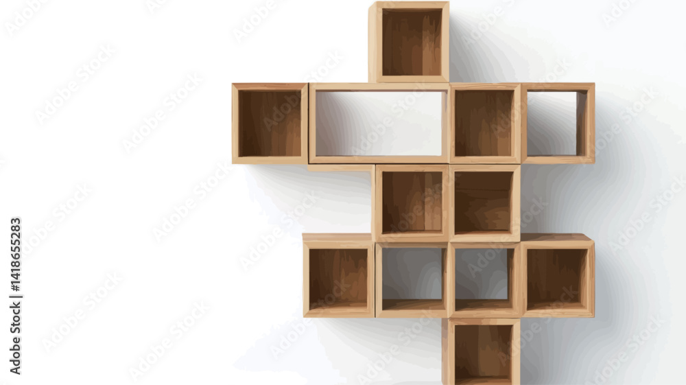High-angle, close-up view of a wall-mounted shelving unit composed of numerous small, light-brown wooden cubes arranged in an asymmetrical, almost puzzle-like configuration against a stark white High-angle, close-up view of a wall-mounted shelving unit composed of numerous small, light-brown wooden cubes arranged in an asymmetrical, almost puzzle-like configuration against a stark white