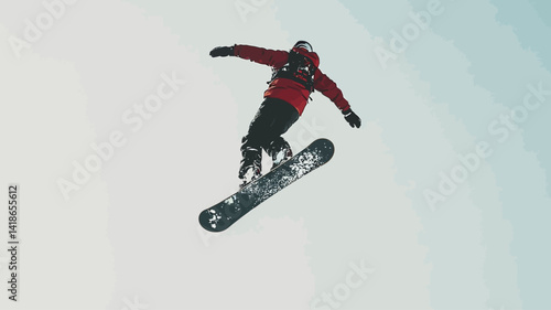 A low-angle, full shot captures a snowboarder in dynamic mid-air motion against a minimalist, bright sky. The snowboarder, clad in a red jacket and dark pants