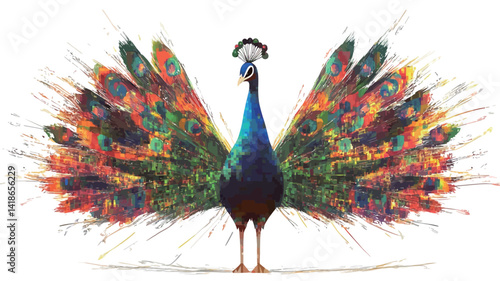 The image presents a stylized illustration or painting of a peacock, rendered in a vibrant and expressive manner. The peacock is depicted in a frontal pose, its train fully extended