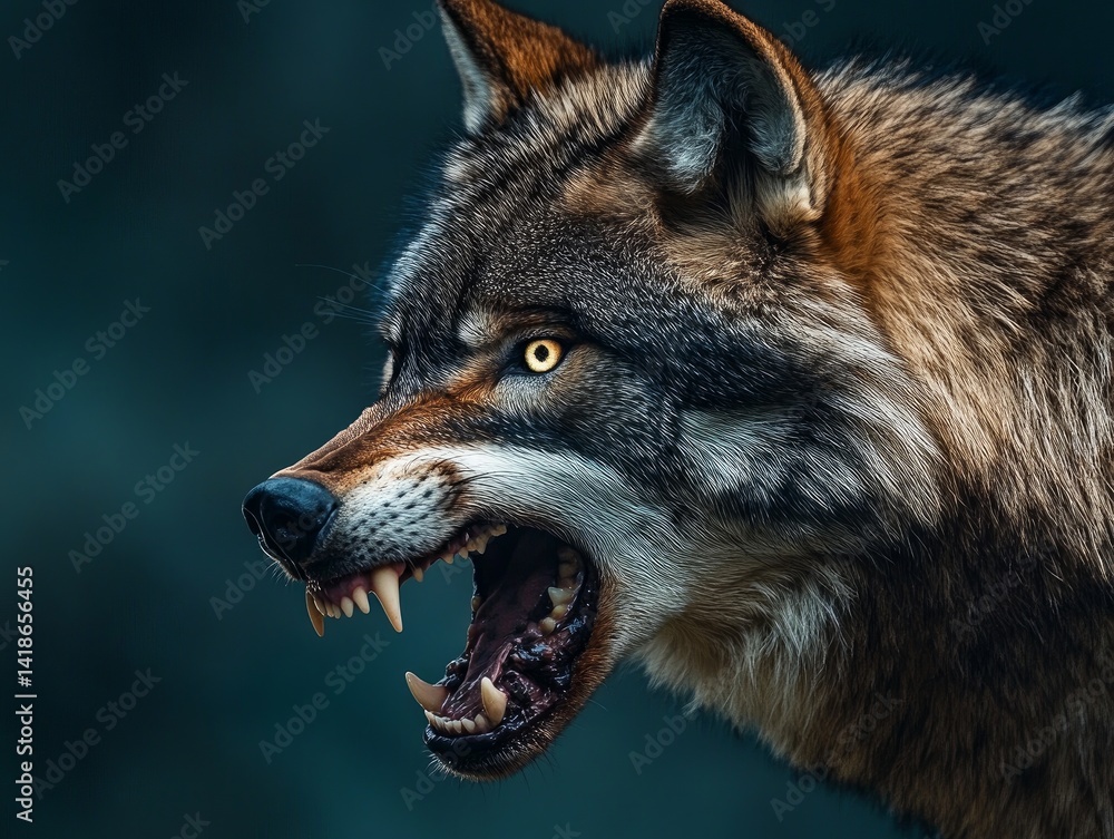 Fototapeta premium A wolf growling, eyes glowing in anger, isolated on a dark blue background