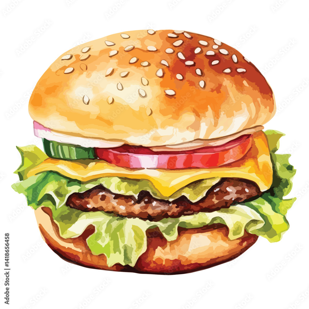 watercolor A juicy hamburger with melted cheese and vegetables illustration watercolor A juicy hamburger with melted cheese and vegetables illustration