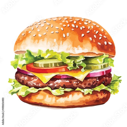 watercolor A juicy hamburger with melted cheese and vegetables illustration