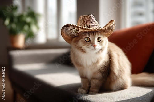 Adorable fluffy cat wearing a stylish cowboy hat sitting gracefully on a cozy sofa : Generative AI