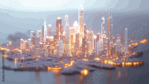 A digital rendering depicts a sprawling metropolis situated on an island, enveloped in a soft, ethereal mist.  The skyscrapers are predominantly rendered in shades of white and off-white