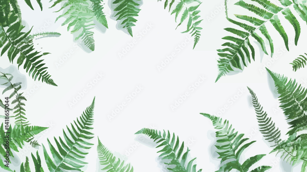 High-angle, close-up view of a flat lay composition featuring numerous vibrant green fern leaves artfully arranged to create a circular frame against a pristine white background. High-angle, close-up view of a flat lay composition featuring numerous vibrant green fern leaves artfully arranged to create a circular frame against a pristine white background.