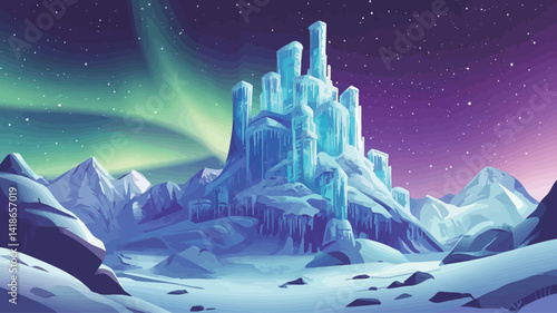 The artwork presents a stylized digital painting of an ice castle situated amidst a snowy mountain range under a vibrant aurora borealis. The color palette is cool, dominated by blues, purples