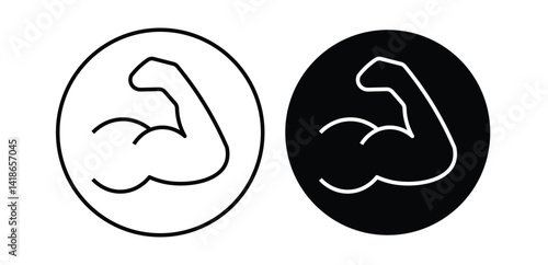 Strong muscular arms vector icon. Muscle icon. Bicep symbol. Muscular power pictogram isolated on a white and black background