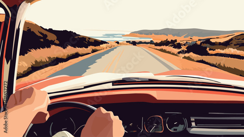 A stylized vector illustration depicting a first-person perspective from inside a vintage car driving along a coastal road. The color palette is predominantly warm, featuring muted oranges