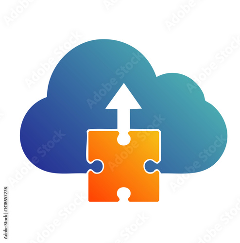 Colorful Cloud Computing Icon Featuring a Puzzle Piece and an Upward Arrow Representing Cloud Integration, Upload, and Digital Solutions

