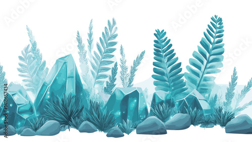 A digitally rendered seamless border featuring stylized crystalline formations interspersed with stylized fern-like plants. The color palette is predominantly teal and white