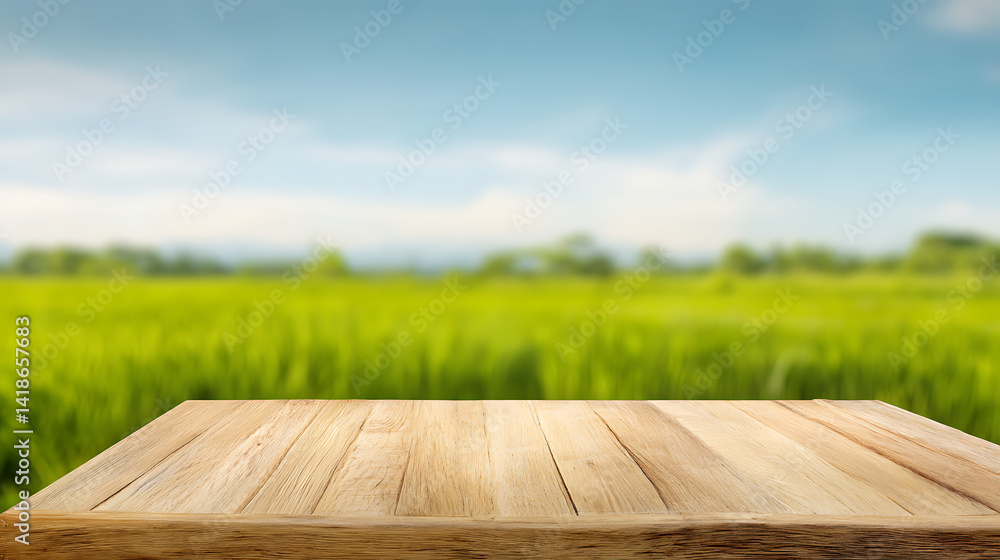 Empty wooden table to display products, front of blurred grass field background, beautiful nature packshot Empty wooden table to display products, front of blurred grass field background, beautiful nature packshot