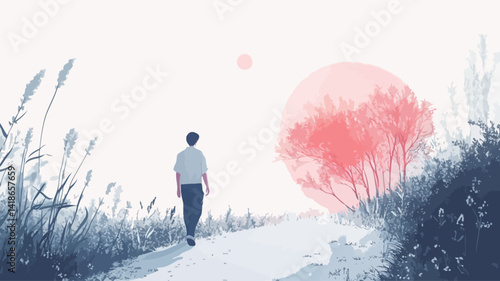The image is a digital painting or illustration featuring a minimalist, desaturated color palette dominated by blues and grays, contrasted by a vibrant, pinkish-red orb resembling a stylized sun 