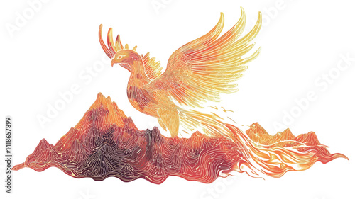 A detailed colored pencil illustration depicts a phoenix, a mythical firebird, rising from a volcanic mountain peak. The phoenix is rendered with a vibrant gradient of orange and yellow hues