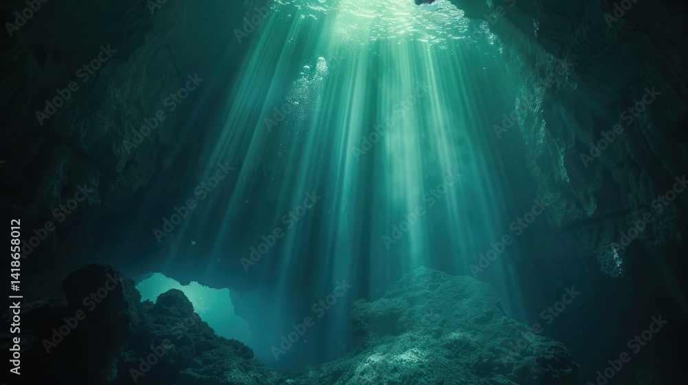 Obraz premium Sunlight Beams Through Underwater Cave