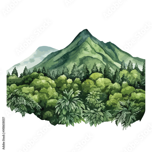 watercolor A mountain range covered in lush green forest