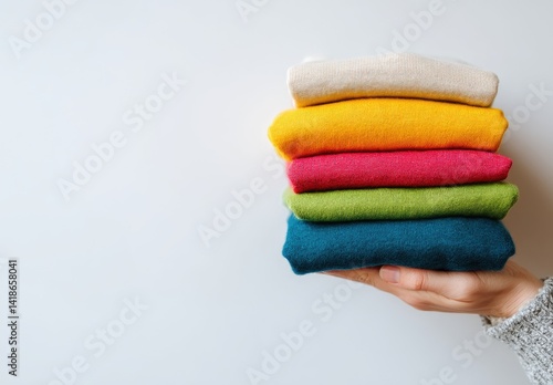 Hand holding stack of colorful folded sweaters