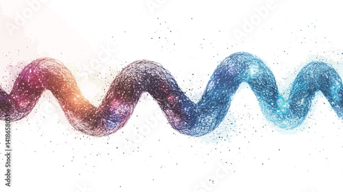 A digitally rendered image depicting a sinuous, three-dimensional waveform. The form is rendered in a highly textured style, composed of a multitude of tiny particles that evoke a cosmic nebula
