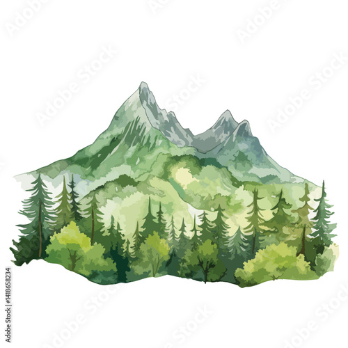 watercolor A mountain range covered in lush green forest