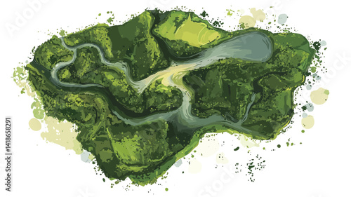 The image presents a stylized, almost painterly aerial view of a verdant island.  The dominant color palette consists of various shades of green