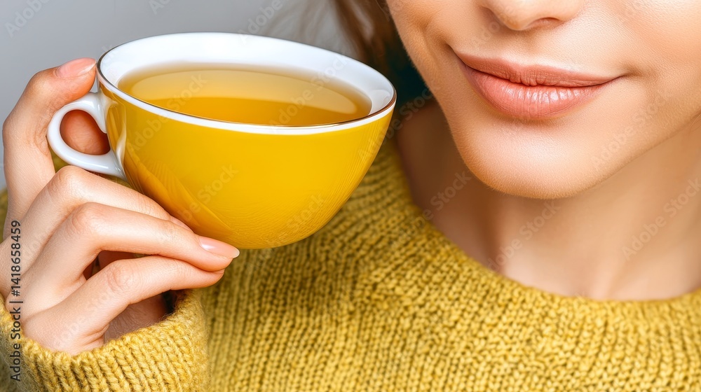 Young woman enjoying warm tea in yellow cup, cozy sweater, refreshing moment of peace Young woman enjoying warm tea in yellow cup, cozy sweater, refreshing moment of peace