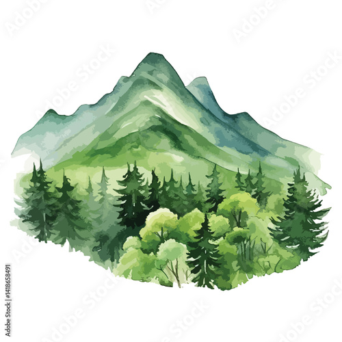 watercolor A mountain range covered in lush green forest