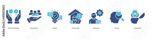 Decision Process icon sheet vector decision making, key person, advice, homework, instructor, puzzle, innovation