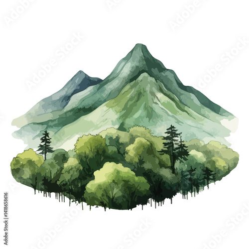 watercolor A mountain range covered in lush green forest