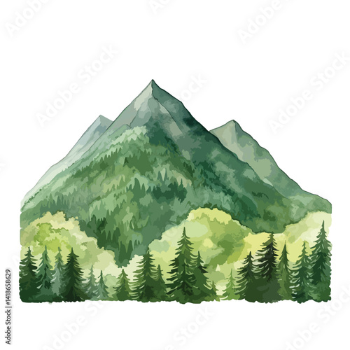 watercolor A mountain range covered in lush green forest
