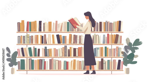 The illustration showcases a stylized female figure, rendered in minimalist flat design with muted pastel colors, standing before a substantial wooden bookshelf brimming with diversely colored