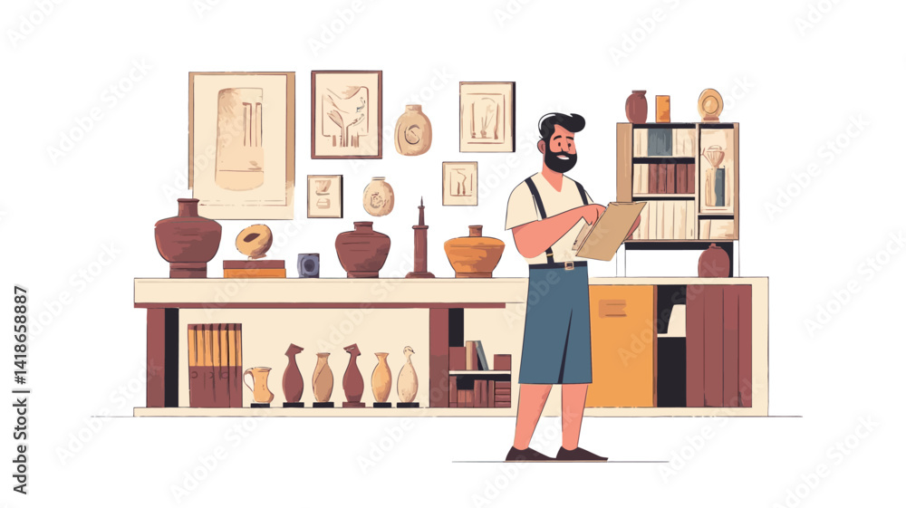 A digitally rendered illustration depicts a bearded man, standing in a meticulously detailed antique shop setting. The man is centrally positioned, holding a clipboard and pen A digitally rendered illustration depicts a bearded man, standing in a meticulously detailed antique shop setting. The man is centrally positioned, holding a clipboard and pen