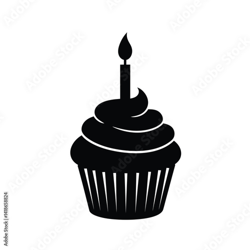 Birthday cupcake silhouette. This image shows a black and white silhouette of a cupcake with detailed frosting and a lit candle, symbolizing a birthday celebration. Vector clipart illustration design.