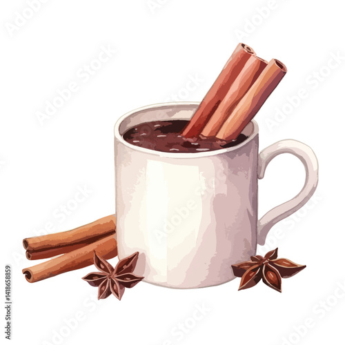 watercolor A mug of cocoa with a cinnamon stick illustration