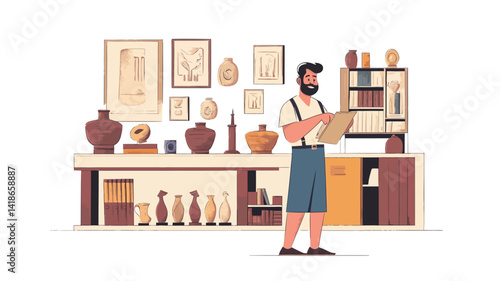 A digitally rendered illustration depicts a bearded man, standing in a meticulously detailed antique shop setting.  The man is centrally positioned, holding a clipboard and pen