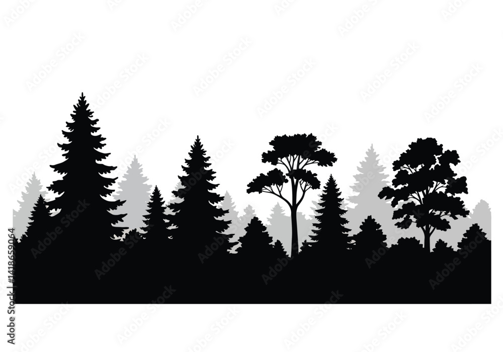 Fototapeta premium Tree skyline silhouette. This image shows a serene forest skyline in silhouette form, featuring various tree shapes including evergreen species. Vector clipart illustration design.