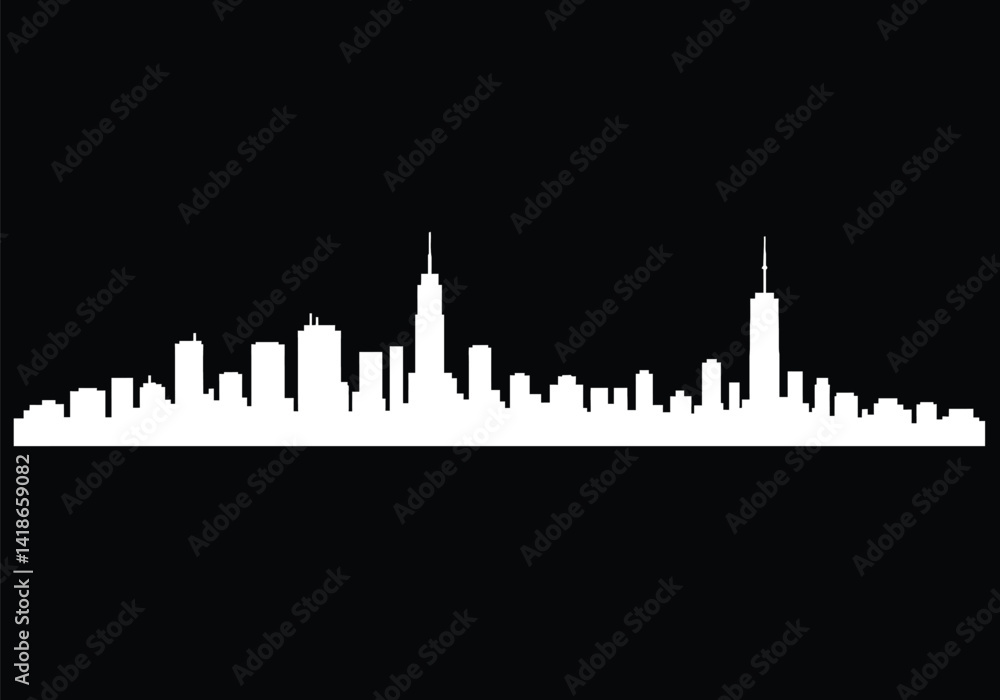 Fototapeta premium White city silhouette. This image shows a white city skyline silhouette set against a black background, emphasizing urban architecture and skyscrapers. Vector clipart illustration design.