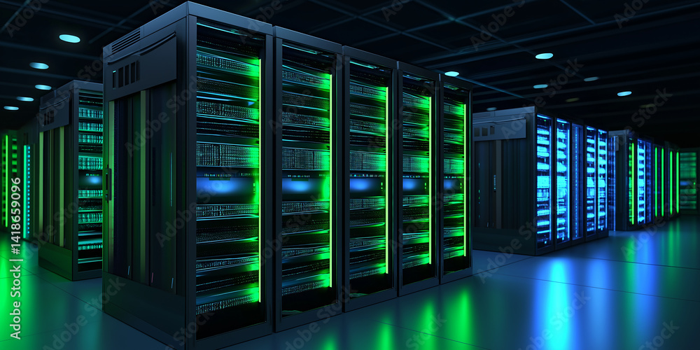 Server room hosting big data with futuristic green and blue lights Server room hosting big data with futuristic green and blue lights