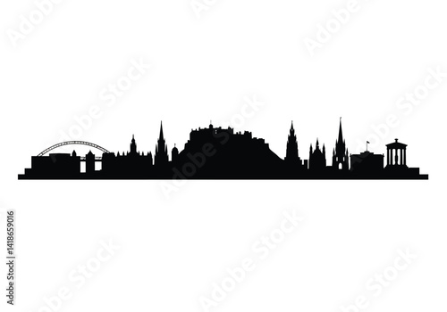 Scotland skyline silhouette. This image shows the historic skyline of Edinburgh, Scotland, highlighting iconic landmarks like castles and spires. Vector clipart illustration design.