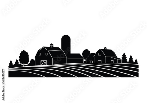 Farm skyline silhouette. This image shows a rural farm scene with barns, silos, trees, and fields in a black and white silhouette style. Vector clipart illustration design.