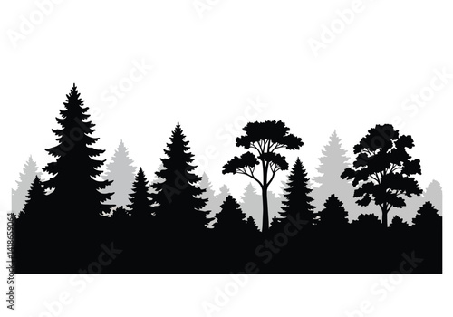 Tree skyline silhouette. This image shows a serene forest skyline in silhouette form, featuring various tree shapes including evergreen species. Vector clipart illustration design.
