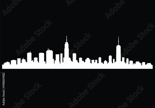 White city silhouette. This image shows a white city skyline silhouette set against a black background, emphasizing urban architecture and skyscrapers. Vector clipart illustration design.