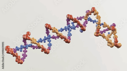 A three-dimensional digital rendering of a DNA double helix. The model is composed of interconnected, rounded triangular elements in varying shades of orange, purple