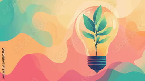 A stylized digital illustration depicting a small plant with vibrant green leaves sprouting from soil within a transparent lightbulb. The lightbulb glows with a warm, yellowish light