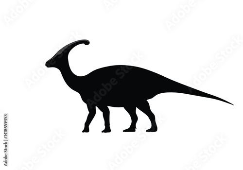 Parasaurolophus silhouette. This image shows a black silhouette of a Parasaurolophus, a horned and crested herbivorous dinosaur from the prehistoric era. Vector clipart illustration design.