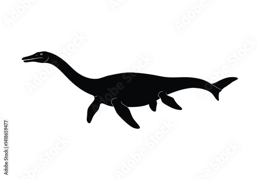 Plesiosaur silhouette. This image shows a black silhouette of a plesiosaur, a prehistoric marine reptile known for its long neck and flippers. Vector clipart illustration design.