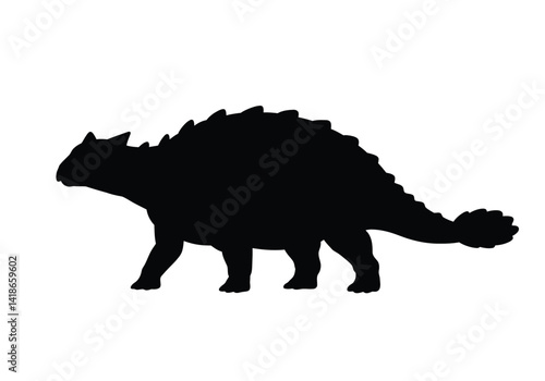 Ankylosaurus silhouette. This image shows a black silhouette of an Ankylosaurus, a prehistoric armored dinosaur with a spiked tail and quadrupedal stance. Vector clipart illustration design.