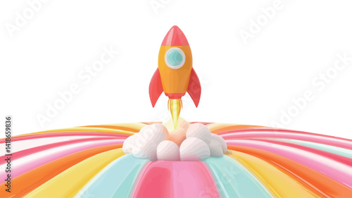 A stylized 3D rendering of a cartoonish rocket, predominantly orange and red, is depicted in a vertical orientation.  The rocket features a simplified design with smooth, rounded surfaces 