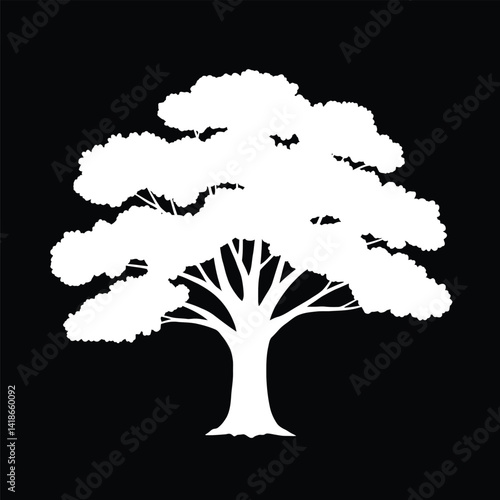 White oak tree silhouette. This image shows the silhouette of a white oak tree, also known as Quercus alba, with detailed foliage and branching structure. Vector clipart illustration design.