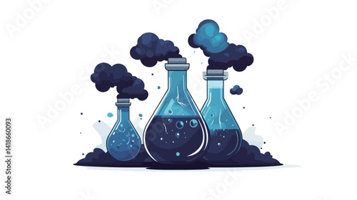 A stylized vector illustration showcases three glass flasks of varying sizes, rendered in shades of deep blue, suggestive of a mysterious liquid within. Each flask emits dark