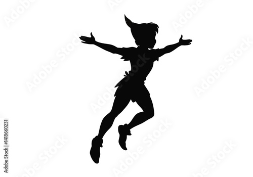 Peter Pan silhouette. This image shows the silhouette of Peter Pan, known for his ability to fly and adventurous spirit, embodying timeless fantasy and freedom. Vector clipart illustration design.